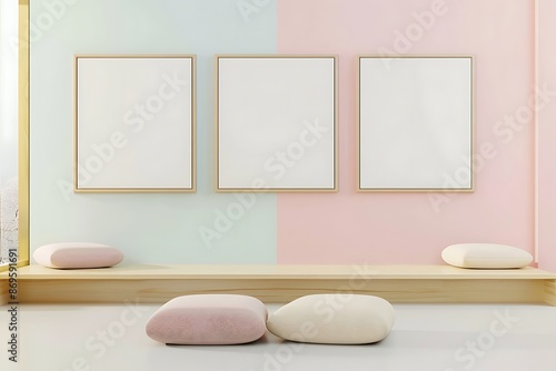 Modern Minimalist Interior with Three Blank Frames and Cushions.