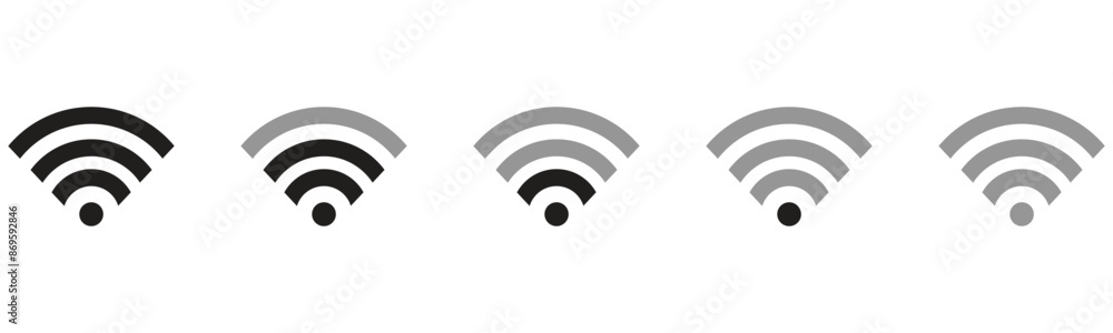 Wi-Fi icons in different levels, Wi-Fi signal strength indicator icon vector set isolated on white background. Wi-Fi icons in different levels, Wi-Fi signal strength indicator icon vector set isolated on white background.
