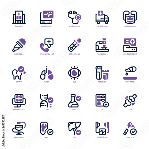 Health Checkup icon pack for your website, mobile, presentation, and logo design. Health Checkup icon dual tone design. Vector graphics illustration and editable stroke.