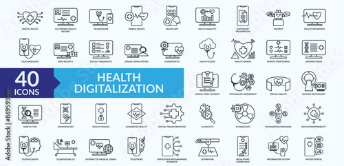 Health digitalization icon collection set with electronic health record, electronic prescription, digital therapeutic, online consultation, virtual reality 