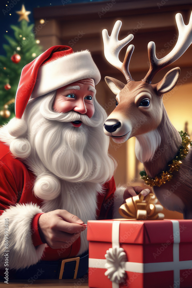 Fairytale cartoon character a reindeer and santa claus opening Christmas present. Fairytale cartoon character a reindeer and santa claus opening Christmas present.