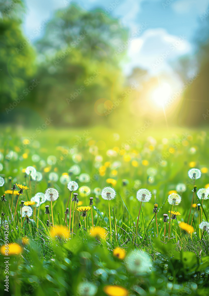 Fototapeta premium Spring Meadow with Green Grass Dandelions and Chamomile under a Sunny Blue Sky