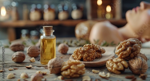 Walnut Oil and Kernels on Wooden Table With Woman in Background