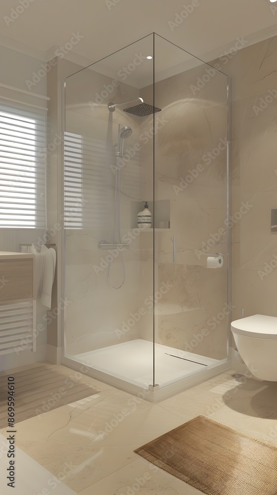 Minimalist and Clean Bathroom Design with Walk-in Shower in Modern Home Interior Minimalist and Clean Bathroom Design with Walk-in Shower in Modern Home Interior