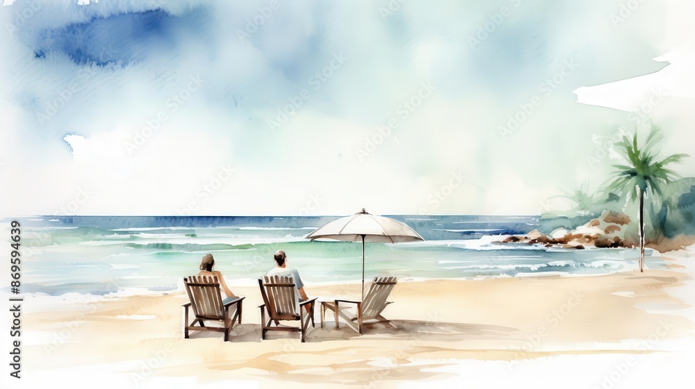 Minimal watercolor business team on beach retreat, summer travel