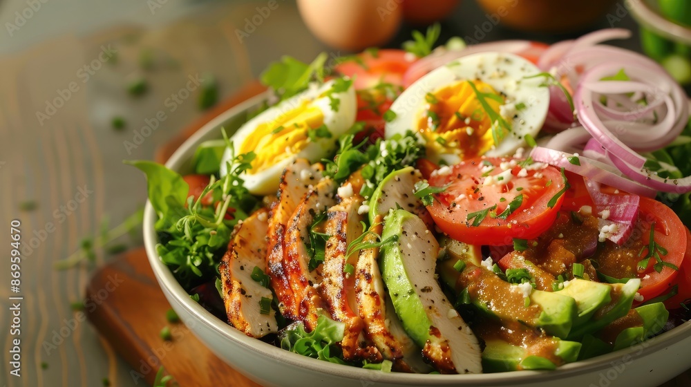 Healthy cobb salad with chicken, avocado, tomato, red onions and eggs. American food. Healthy cobb salad with chicken, avocado, tomato, red onions and eggs. American food.
