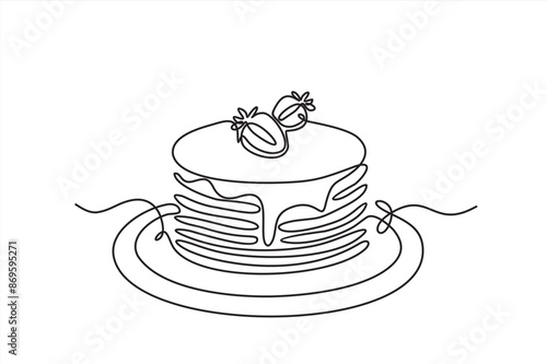 Continuous one line drawing of pancakes with strawberries. Concept design sketch outline drawing.