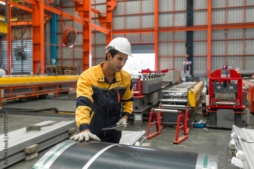 Принти на полотні Industrial diligent worker safeguarded by a hard hat, engrossed in his duties amidst the complex machinery of a bustling factory