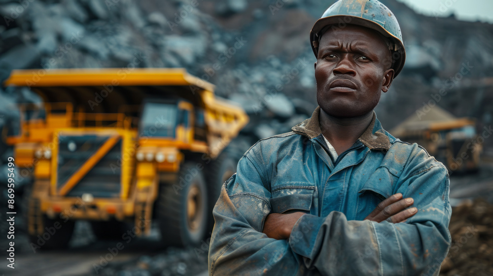 an african egineer dressed in a clean grey and blue worksuit directing trucks of copper at morden looking mine, clean,generative ai an african egineer dressed in a clean grey and blue worksuit directing trucks of copper at morden looking mine, clean,generative ai
