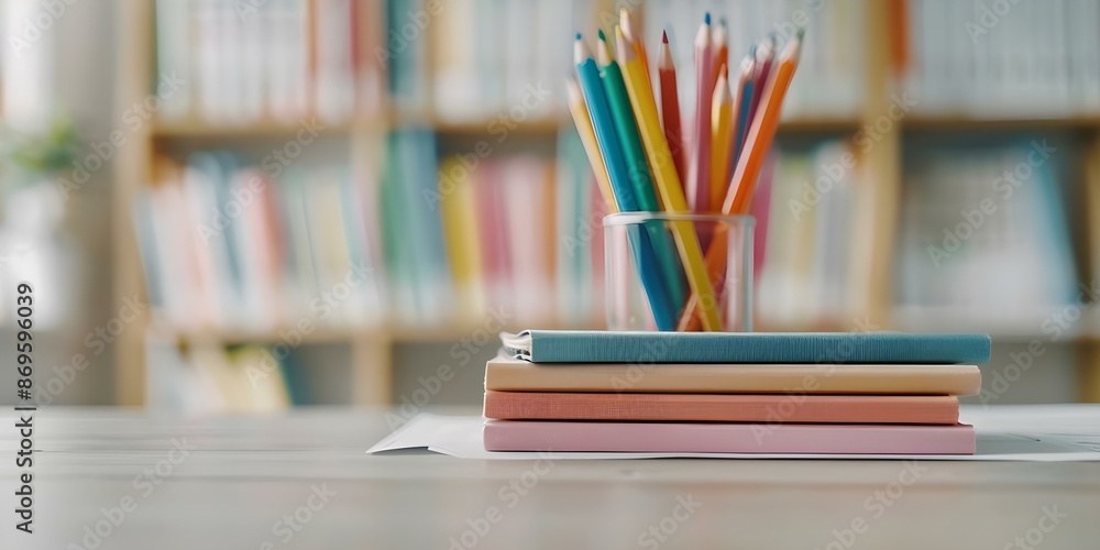 Desk with neatly arranged school supplies in preparation for the first day of school. Concept Back to School, School Supplies, Desk Organization, First Day of School, Education Desk with neatly arranged school supplies in preparation for the first day of school. Concept Back to School, School Supplies, Desk Organization, First Day of School, Education