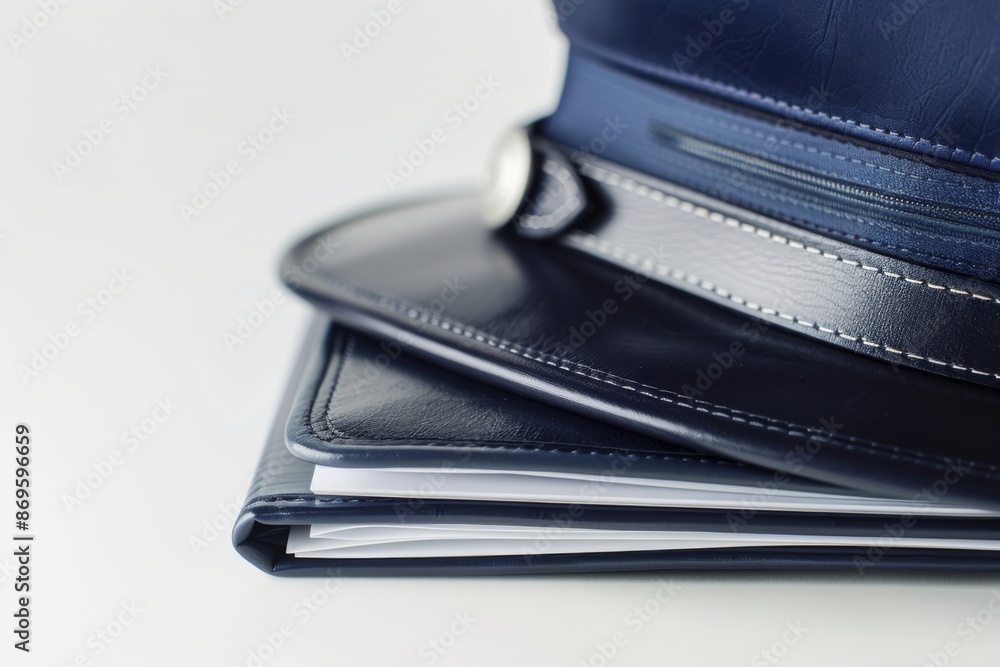 Close-up of a travel document organizer and a flight attendant's hat. Close-up of a travel document organizer and a flight attendant's hat.
