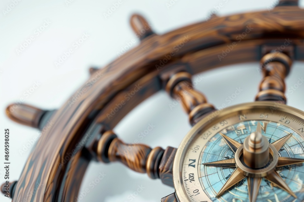 Fototapeta premium Detail of a sailor's nautical compass and a ship's wheel. Hyper realistic. Shot with canon 5d Mark III on a clear white background --ar 3:2 --style raw Job ID: de094078-aea0-4dcb-b131-f41b17162821