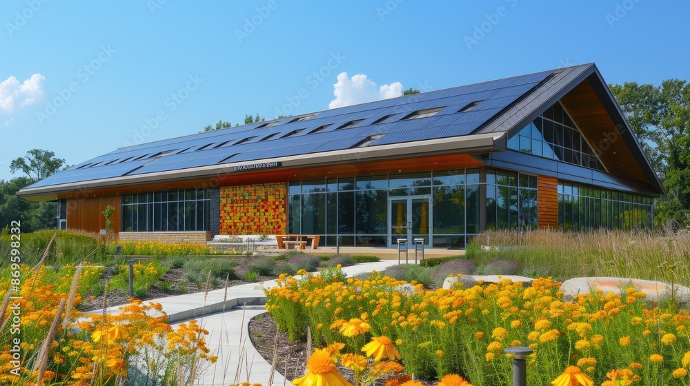 Obraz premium Modern eco-friendly building with solar panels, surrounded by flowers and lush greenery, under a clear blue sky.