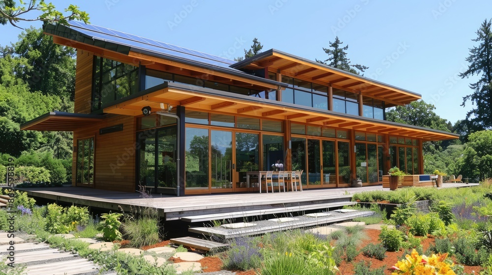 Modern glass and wooden house with large windows, surrounded by lush garden and greenery. Contemporary architecture in a serene environment. Modern glass and wooden house with large windows, surrounded by lush garden and greenery. Contemporary architecture in a serene environment.