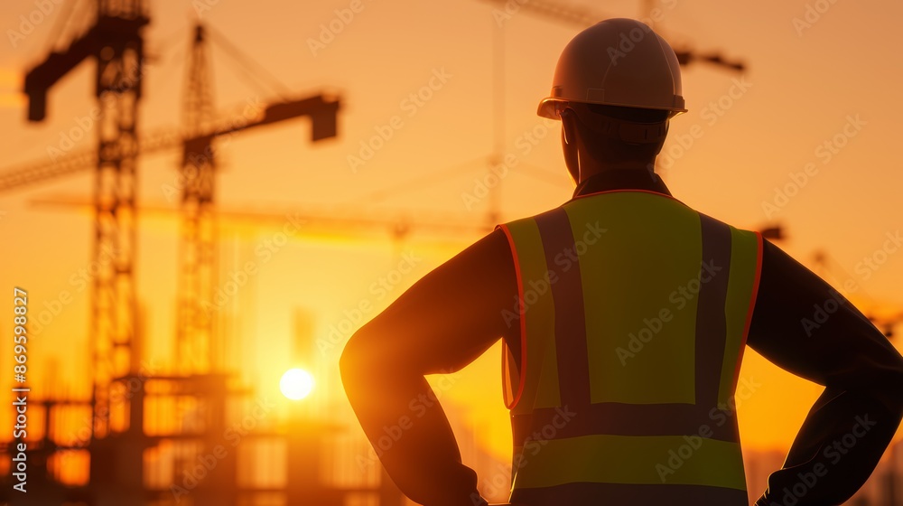 Civil engineer standing with hands on hips, overseeing a large construction site, cranes and scaffolding in the background, wearing a hard hat and reflective vest, sunrise casting a golden glow Civil engineer standing with hands on hips, overseeing a large construction site, cranes and scaffolding in the background, wearing a hard hat and reflective vest, sunrise casting a golden glow