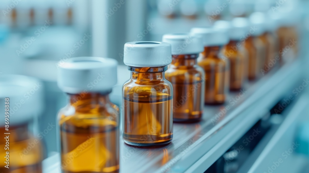 Close-up of medical vials being processed on an advanced production line, pharmaceutical factory setting, gleaming glass bottles, state-of-the-art machinery ensuring quality and accuracy Close-up of medical vials being processed on an advanced production line, pharmaceutical factory setting, gleaming glass bottles, state-of-the-art machinery ensuring quality and accuracy