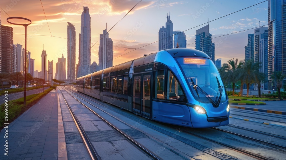 Naklejka premium Modern tram moving through the city at sunset with skyscrapers in the background, showcasing urban transportation and cityscape.