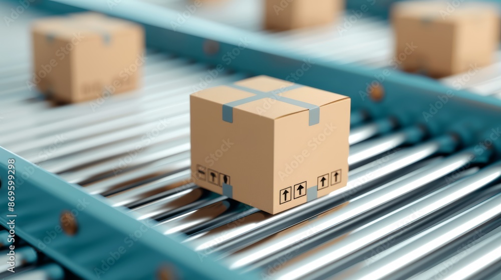 E-commerce fulfillment center scene, closeup of cardboard packages traveling on a conveyor belt, representing automation and delivery efficiency, vibrant industrial setting E-commerce fulfillment center scene, closeup of cardboard packages traveling on a conveyor belt, representing automation and delivery efficiency, vibrant industrial setting