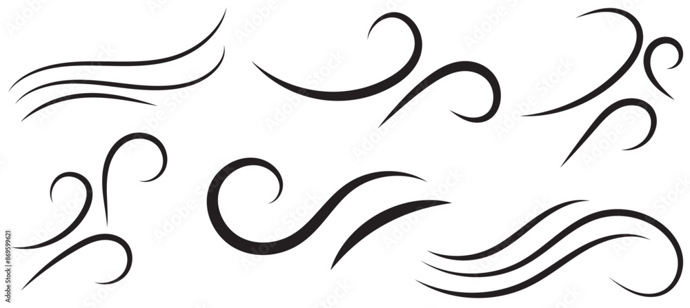 Fototapeta premium Big set of line winds. Air, wind, swirl in doodle illustration style. Vector illustration on white background