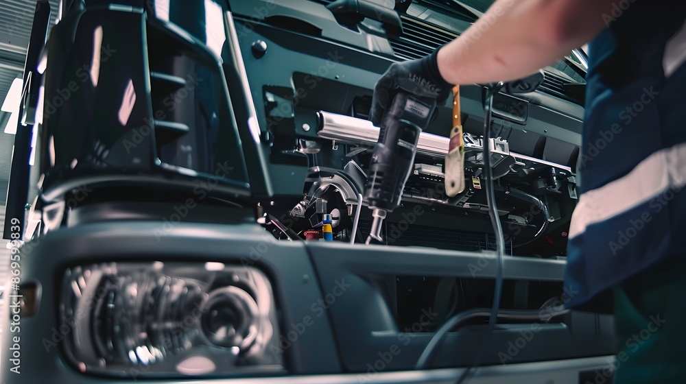 Technician Performing Maintenance on an Electric Truck in a Workshop Environment Technician Performing Maintenance on an Electric Truck in a Workshop Environment