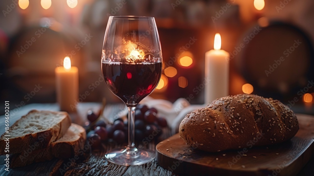 Glass of Red Wine, Bread, and Candles. Glass of Red Wine, Bread, and Candles.
