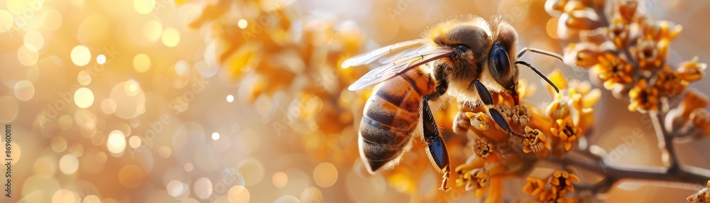 Honeybee on a flower with a warm, golden bokeh background Honeybee on a flower with a warm, golden bokeh background