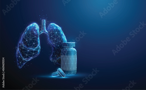 Bottle and medical pills in front of blue futuristic human lungs. Lungs deseases, medical treatment and pharmacy concept Low poly style Geometric background Wireframe technology neon structure Vector