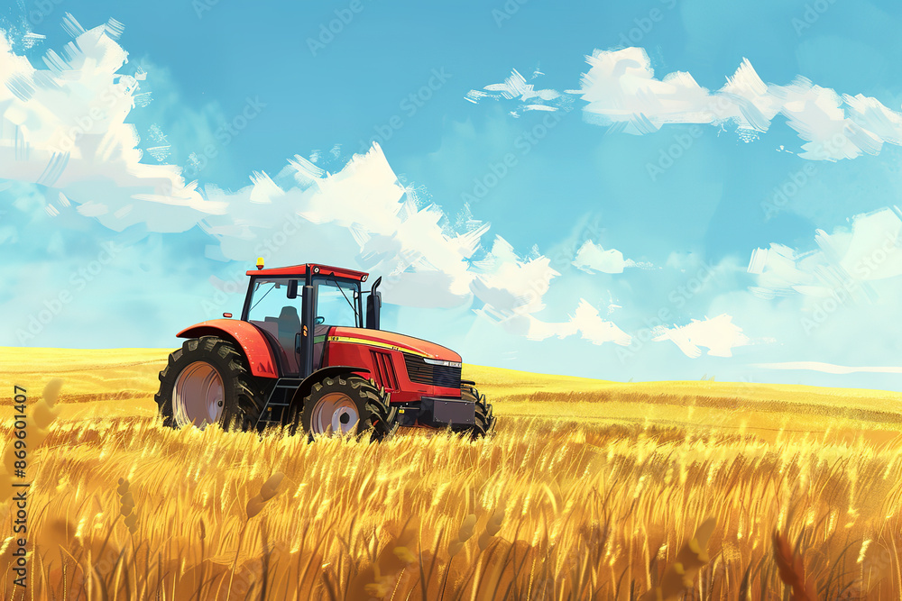 Fototapeta premium A combine harvester in the golden wheat field of autumn