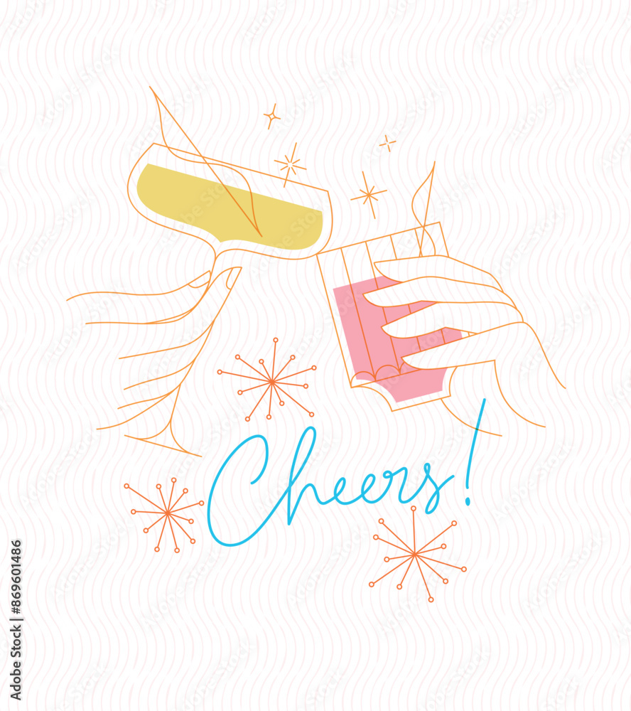 Poster clinking glasses with lettering cheers drawing with color on light background
