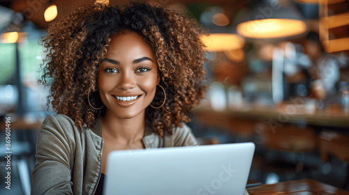 Smiling African American Woman with Curly Hair Using Laptop in Coffee Shop