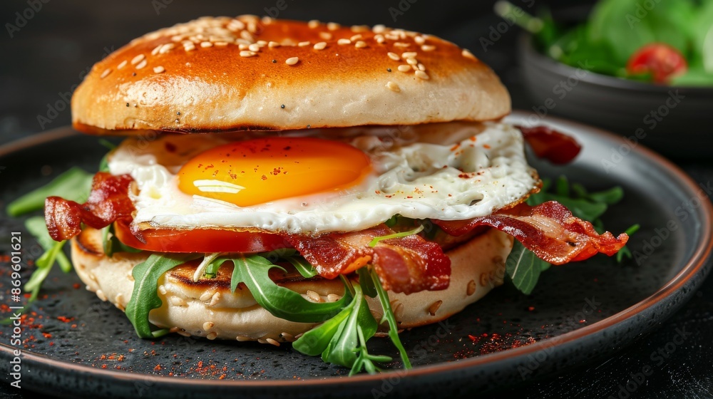 Bagel with Bacon and Eggs: A hearty breakfast bagel loaded with crispy bacon, a fried egg, and melted cheese, arranged on a dark plate. Bagel with Bacon and Eggs: A hearty breakfast bagel loaded with crispy bacon, a fried egg, and melted cheese, arranged on a dark plate.