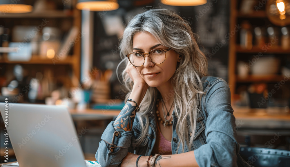Elegant senior woman with gray hair and glasses working on laptop in coffee shop smiling at camera Elegant senior woman with gray hair and glasses working on laptop in coffee shop smiling at camera