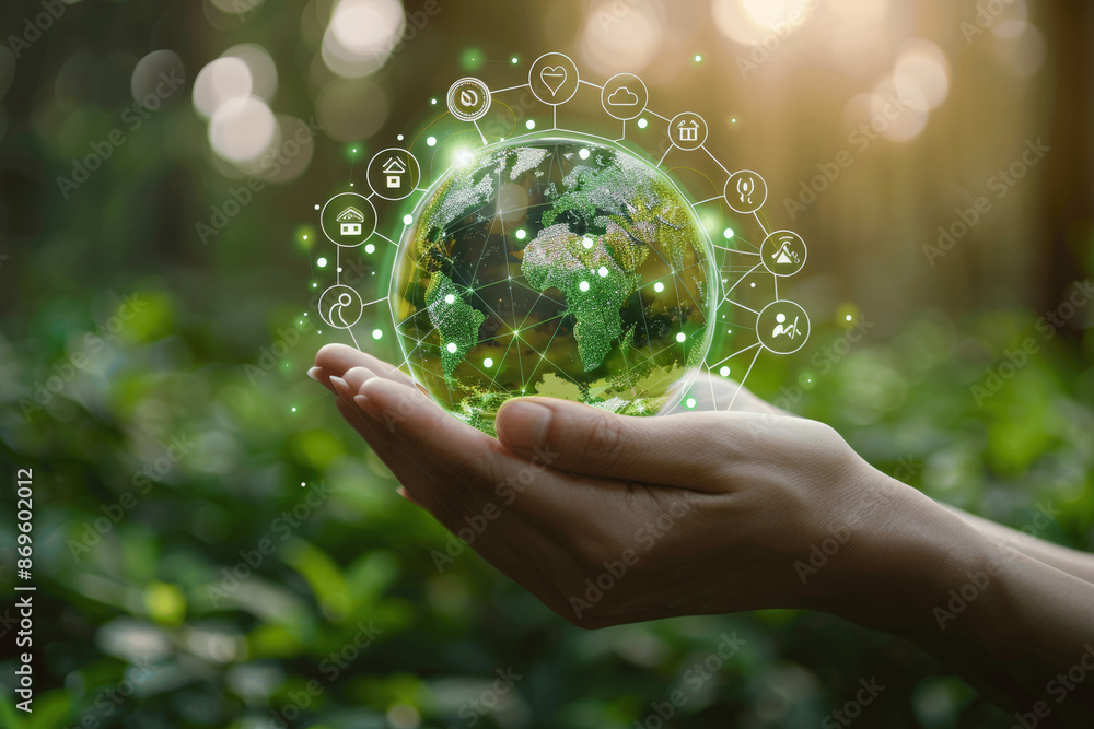 Global Sustainable Development: Hands Holding Virtual Earth with Green Energy and Ecology Icons Global Sustainable Development: Hands Holding Virtual Earth with Green Energy and Ecology Icons