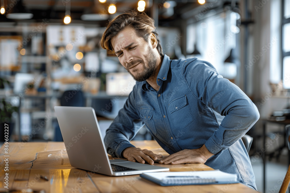 Young office worker in blue shirt with back pain working on laptop holding lower back in modern office suffering from discomfort Young office worker in blue shirt with back pain working on laptop holding lower back in modern office suffering from discomfort