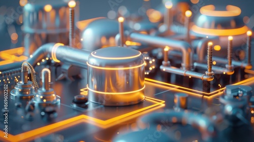 Industrial chemical plant with futuristic data analytics visualization industrial futuristic visualisation technology infrastructure manufacturing processing tank pipe digital effi