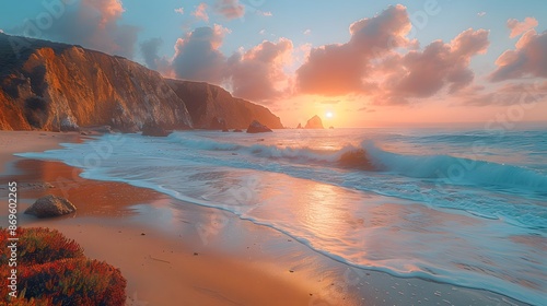 Beach with waves and rocks at sunset, stunning natural scenery, summer vibes, Travel concept of natural landscape scenery