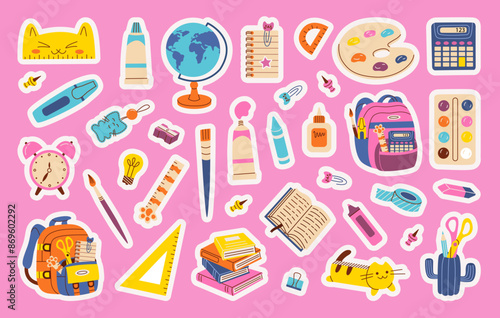 Set of school supplies and education stickers. Back to school. Backpack, book, globe, paints, ruler, pen, pencil, calculator, brushes, glue. Perfect for prints, cards, paper crafts, scrapbooking.