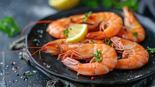 Shrimps, prawns on black plate. Boiled shrimps, prawns. Seafood.