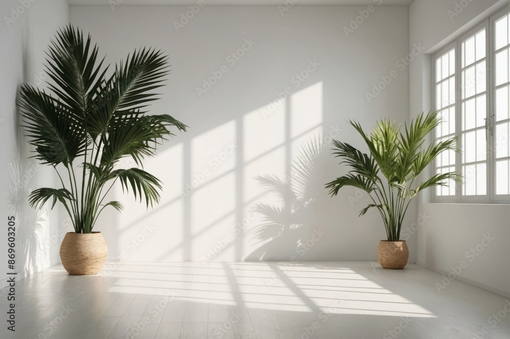 Abstract white studio background for product presentation. Empty room with shadows of window and flowers and palm leaves . 3d room with copy space. Summer concert. Blurred backdrop. Abstract white studio background for product presentation. Empty room with shadows of window and flowers and palm leaves . 3d room with copy space. Summer concert. Blurred backdrop.