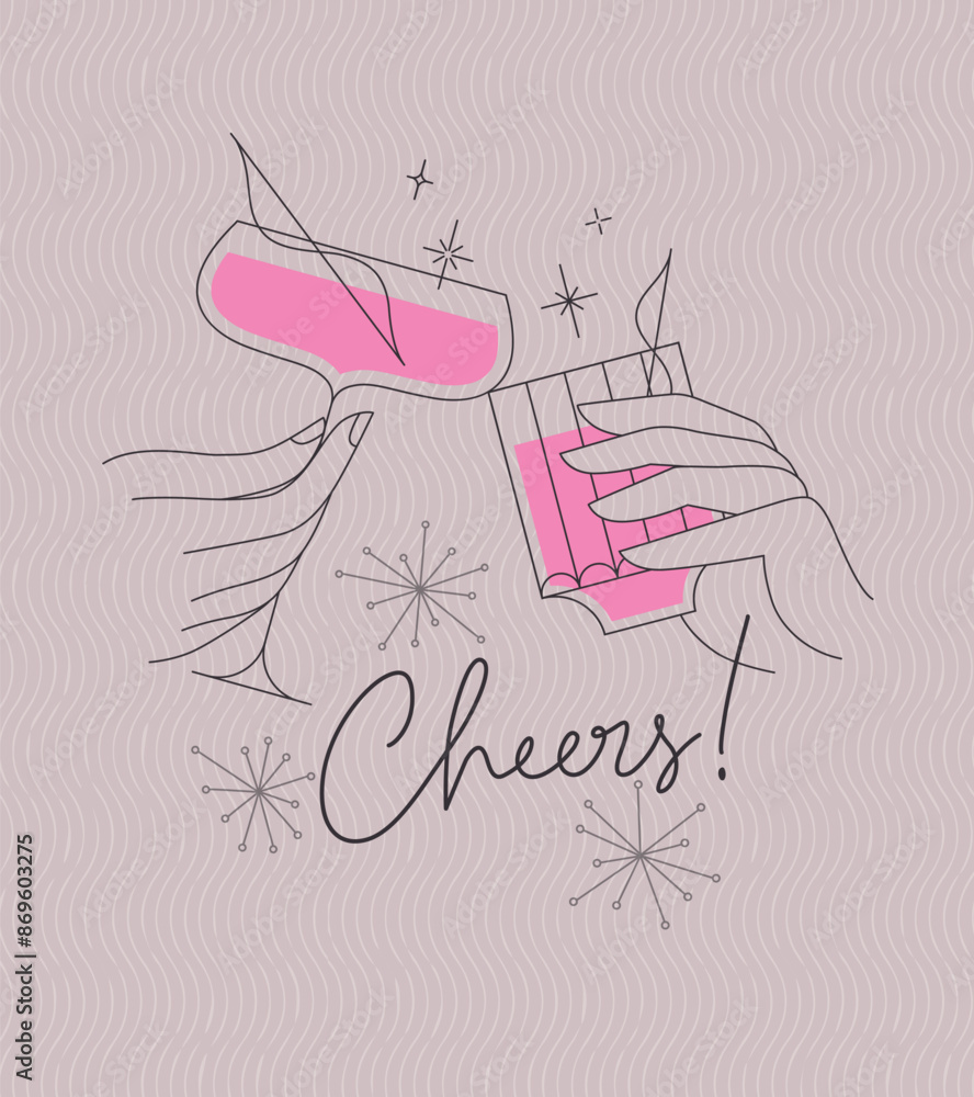 Poster clinking glasses with lettering cheers drawing with color on pink background