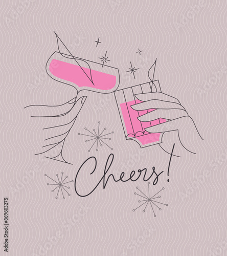 Obraz na płótnie Poster clinking glasses with lettering cheers drawing with color on pink background w salonie