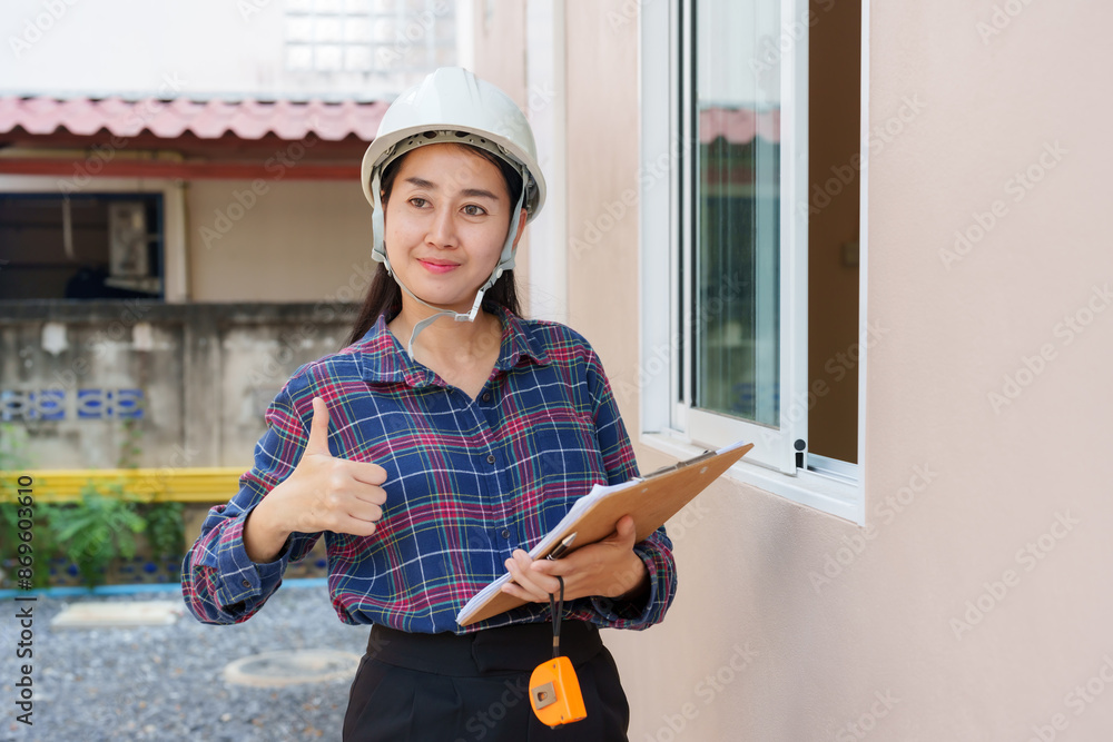 Asian female construction inspector giving thumbs up. Inspector wearing ...