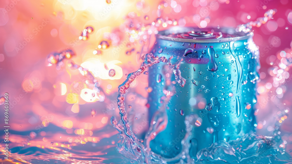 Blue soda can with water splashes on a colorful background. Blue soda can with water splashes on a colorful background.