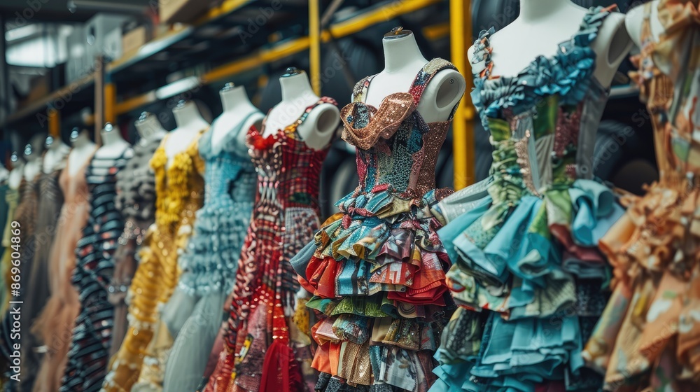Vibrant display of colorful, intricately designed dresses on mannequins in a fashion studio showcasing unique and artistic fashion designs. Vibrant display of colorful, intricately designed dresses on mannequins in a fashion studio showcasing unique and artistic fashion designs.