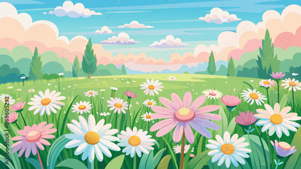 Meadow with many white and pink spring daisy flowers on a sunny day. Nature landscape vector illustration Meadow with many white and pink spring daisy flowers on a sunny day. Nature landscape vector illustration
