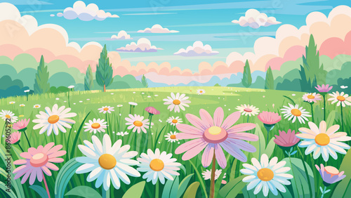 Meadow with many white and pink spring daisy flowers on a sunny day. Nature landscape vector illustration