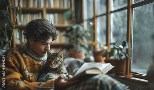 독서하는 남자와 고양이