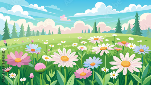 Meadow with many white and pink spring daisy flowers on a sunny day. Nature landscape vector illustration