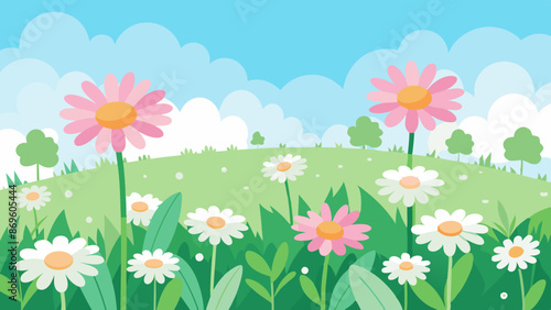 Meadow with many white and pink spring daisy flowers on a sunny day. Nature landscape vector illustration