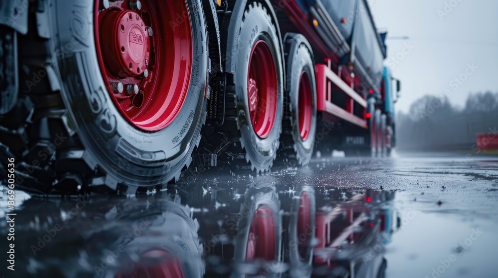 custom made wallpaper toronto digitalClose-up of truck chassis with red wheels on rainy road. Safety measures and tyre traction in wet weather